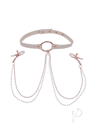Sex and Miscielf Peaches 'N Creame Collar with Nipple Clamps - Ivory/Rose Gold