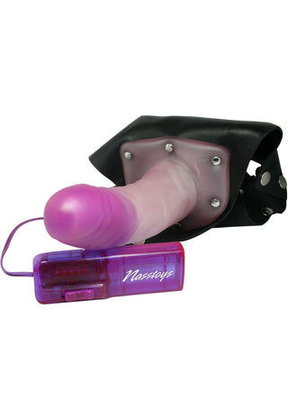 Crystal Jelly Power Cock Vibrating Strap-On Harness with Hollow Dildo - Black/Lavender/Purple