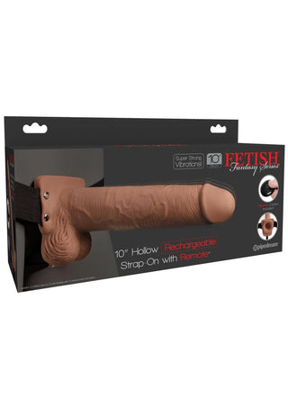 Fetish Fantasy Series Rechargeable Hollow Strap-On Dildo with Balls and Harness with Wireless Remote Control - Caramel - 10in