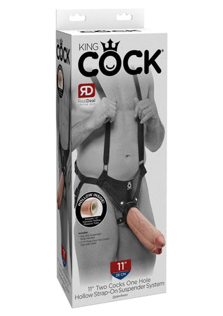 King Cock Two Dildos One Hole Hollow Strap-On Suspender System - Black/Vanilla - 11in