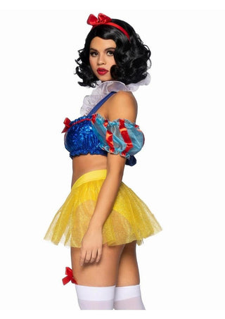 Leg Avenue Bad Apple Snow White, Shimmer Halter Bandeau with Organza Puff Sleeves and Ruffle Collar, Garter Panty with Shimmer Sheer Skirt, and Matching Bow Headband - Multicolor - XSmall - 3 Piece
