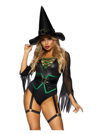 Leg Avenue Broomstick Babe Bodysuit with Lace Up Deep-V and Waist Cincher Buckle Accent, Attached Garters, and Witch Hat - Black - Small - 2 Piece