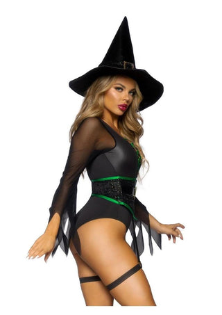 Leg Avenue Broomstick Babe Bodysuit with Lace Up Deep-V and Waist Cincher Buckle Accent, Attached Garters, and Witch Hat - Black - Small - 2 Piece