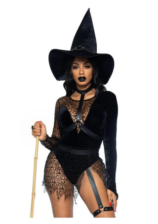 Leg Avenue Crafty Witch Snap Crotch Velvet Bodysuit with Distressed Net and Attached Garter, Choker Body Harness, and Matching Velvet Witch Hat - Black - Small - 3 Piece
