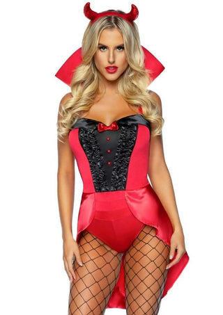 Leg Avenue Devilish Darling Tux and Tails Bodysuit with Stay Up Collar, Pin-On Devil Tail, and Sequin Devil Horn Headband - Red - XSmall - 3 Piece