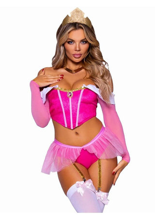 Leg Avenue Dreamy Princess Velvet Boned Crop Top with Jewel Accent, Garter Panty with Peplum Skirt, Removable Clear Straps, and Crown Headband - Pink - XSmall - 4 Piece