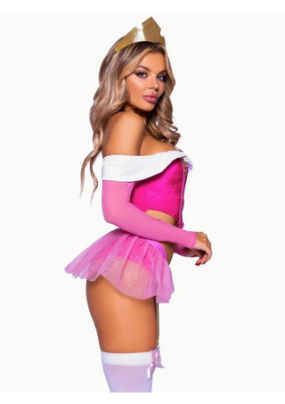 Leg Avenue Dreamy Princess Velvet Boned Crop Top with Jewel Accent, Garter Panty with Peplum Skirt, Removable Clear Straps, and Crown Headband - Pink - XSmall - 4 Piece