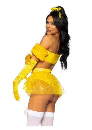 Leg Avenue Fairytale Beauty Glitter Shimmer Bra Top with Gathered Rosette Center and Puff Sleeves, High Waist Panty with Ribbon Pick-Up Skirt, Removable Clear Straps, and Matching Hair Ribbon - Yellow - XSmall - 4 Piece