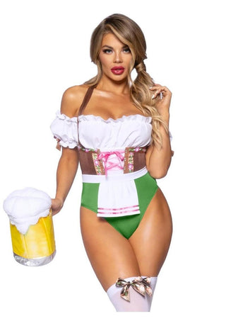 Leg Avenue Flirty Fraulein Peasant Top Snap Crotch Bodysuit with Satin Ribbon Trim, Attached Apron, and Stockings - Multicolor - Small - 2 Piece