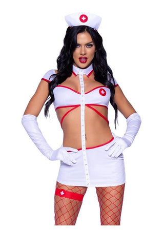 Leg Avenue Heartstopping Nurse Strappy Cut-Out Dress with Snap Detail, Gloves, Headband, and Garter - White - XSmall - 4 Piece