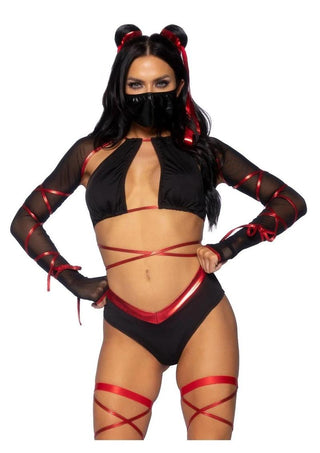 Leg Avenue Lethal Ninja Strappy Wrap-Around Bra Top with Attached Mesh Gloved Shrug, V-Cut Bottoms, Leg Wraps, Face Mask, and Matching Hair Ties - Black/Red - XSmall - 5 Piece