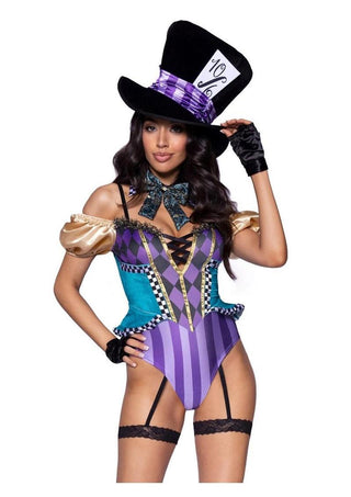Leg Avenue Mischievous Mad Hatter Garter Bodysuit with Strappy Deep-V and Puff Sleeves, Bow Collar, and Mad Hatter Hat - Multicolor - XSmall - 3 Piece