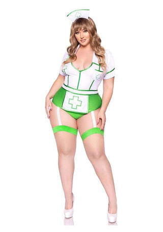 Leg Avenue Nurse Feelgood Snap Crotch Garter Bodysuit with Attached Apron and Hat Headband