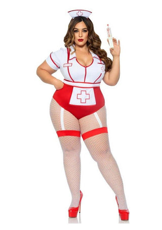 Leg Avenue Nurse Feelgood Snap Crotch Garter Bodysuit with Attached Apron and Hat Headband