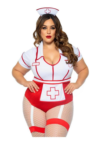 Leg Avenue Nurse Feelgood Snap Crotch Garter Bodysuit with Attached Apron and Hat Headband - Red/White - Queen/XLarge/XXLarge - 2 Piece
