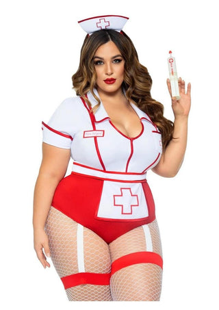 Leg Avenue Nurse Feelgood Snap Crotch Garter Bodysuit with Attached Apron and Hat Headband - Red/White - 3XLarge/4XLarge/Queen - 2 Piece
