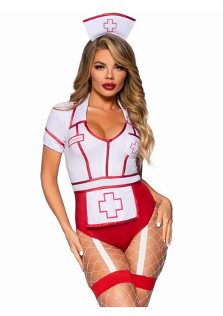 Leg Avenue Nurse Feelgood Snap Crotch Garter Bodysuit with Attached Apron and Hat Headband - Red/White - Large - 2 Piece