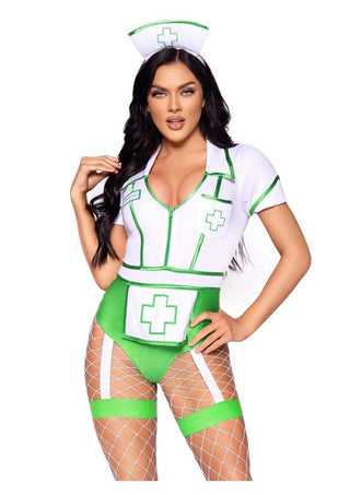 Leg Avenue Nurse Feelgood Snap Crotch Garter Bodysuit with Attached Apron and Hat Headband - Green/White - Medium - 2 Piece