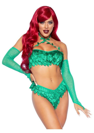 Leg Avenue Poison Temptress Leafy Halter Top with Corset Lace Up Back, Leafy Panty, and Sleeves - Green - XSmall - 3 Piece