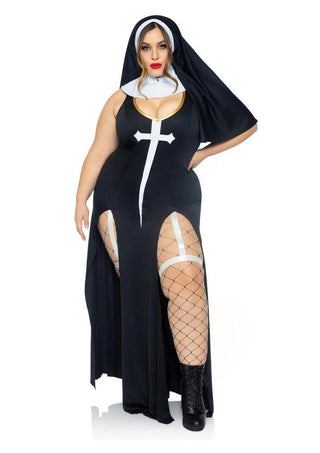 Leg Avenue Sultry Sinner Dual Slit Garter Dress with Vinyl Cross Detail, Vinyl Collar, and Nun Habit - Black/White - Queen/XLarge/XXLarge - 3 Piece