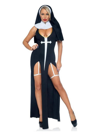 Leg Avenue Sultry Sinner Dual Slit Garter Dress with Vinyl Cross Detail, Vinyl Collar, and Nun Habit - Black/White - Small - 3 Piece