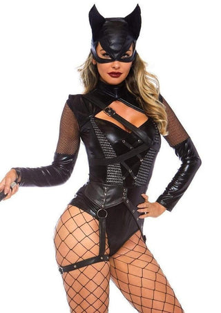 Leg Avenue Villainess Vixen Spandex Strappy Bodysuit with O-Ring Attached Garter and Matching Hooded Mask - Black - Large - 2 Piece
