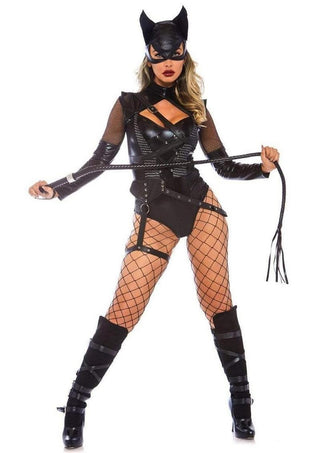 Leg Avenue Villainess Vixen Spandex Strappy Bodysuit with O-Ring Attached Garter and Matching Hooded Mask