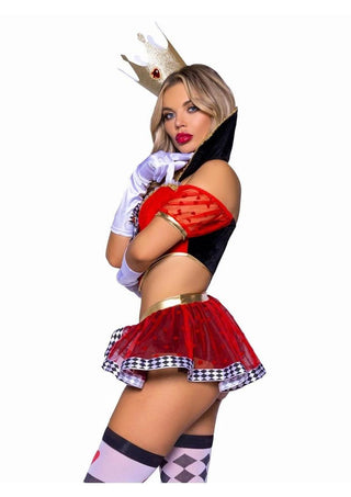 Leg Avenue Wicked Wonderland Queen Tow-Tone Boned Crop Top with Stay Up Collar and Broach Accent, Garter Panty with Peplum Skirt, and Crown Headband - Black/Red - XSmall - 3 Piece