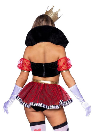 Leg Avenue Wicked Wonderland Queen Tow-Tone Boned Crop Top with Stay Up Collar and Broach Accent, Garter Panty with Peplum Skirt, and Crown Headband