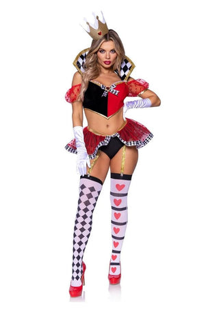 Leg Avenue Wicked Wonderland Queen Tow-Tone Boned Crop Top with Stay Up Collar and Broach Accent, Garter Panty with Peplum Skirt, and Crown Headband