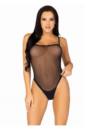 Snap Crotch Mesh Cami Bodysuit with Adjustable Straps and Thong Back - Black - Large/Medium