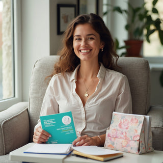A vibrant, confident woman sits comfortably in a bright, modern space, smiling gently. She’s surrounded by reminders of health and empowerment: a thoughtfully designed journal, a doctor’s appointment card, a beautifully decorated box of contraceptives