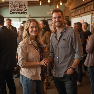 a confident, smiling couple standing hand-in-hand at a welcoming social event, surrounded by diverse people chatting and laughing