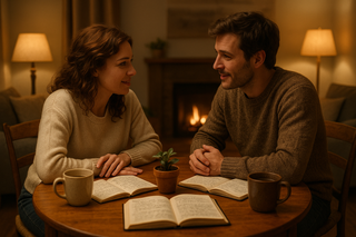 Couple communicating about sexual desires; Diagram of erotic blueprint types; Woman reflecting on her sexual needs