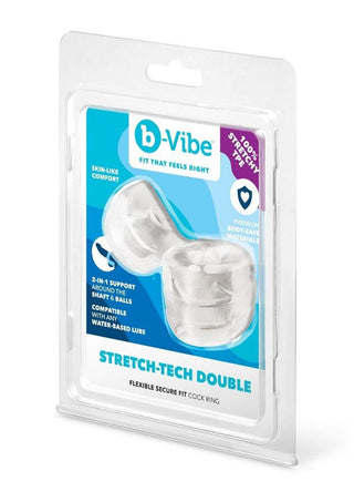 B-Vibe Stretch Tech Double Barrel Ultra Stretchy Cock Ring and Ball Stretcher - Clear