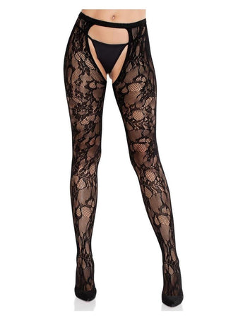 Eyelet Rose Lace Crotchless Tights with Cheeky Open Back - Black - One Size