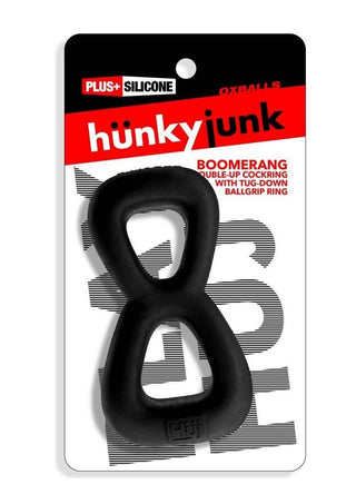 Hunkyjunk Boomerang Silicone Double-Ring Cockring and Nut-Tugger - Black Fog - Black
