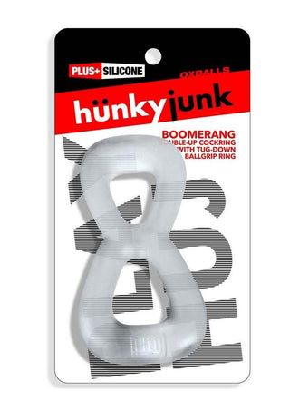 Hunkyjunk Boomerang Silicone Double-Ring Cockring and Nut-Tugger - Clear Steam - Clear