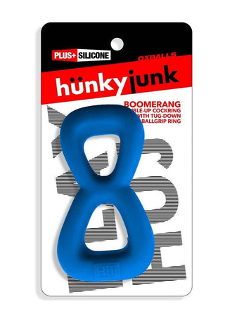 Hunkyjunk Boomerang Silicone Double-Ring Cockring and Nut-Tugger - Teal Fizz - Blue