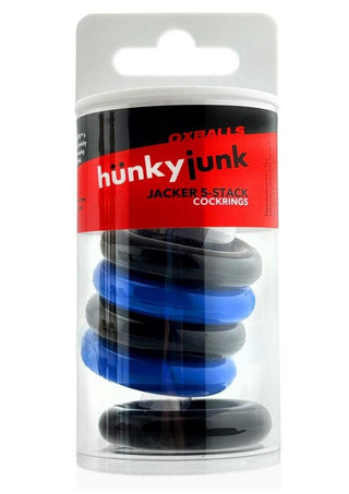 Hunkyjunk Jacker 5 Stack Super-Strong Cockrings - Black/Blue - 5 Pack