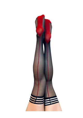 Kixies Ginny Sheer with Back Seamed Thigh Highs - Size D - Black/Red - XLarge