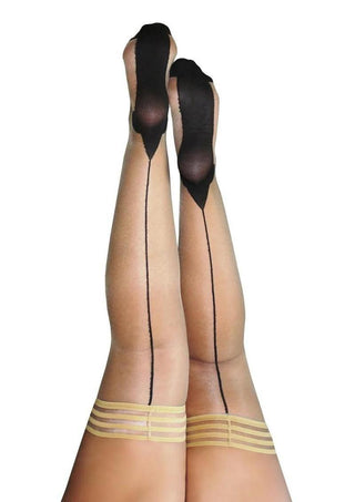 Kixies Ruby Sheer Thigh High with Seam and Cuban Heel - Size D - Black/Nude - XLarge