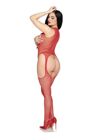 Leg Avenue Circle Net Cupless Suspender Lingerie Jumpsuit and Matching Panty