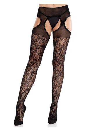 Leg Avenue Scalloped Trimmed Cross Hatch Floral Lace Suspender Hose - Black - One Size
