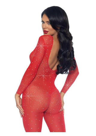 Leg Avenue Sheer Rhinestone Catsuit - Red - Medium