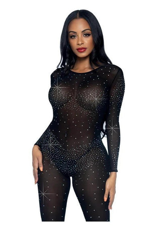 Leg Avenue Sheer Rhinestone Catsuit - Black - Small