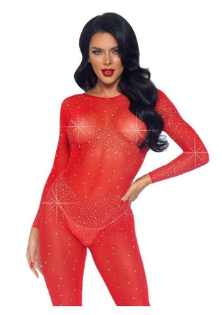 Leg Avenue Sheer Rhinestone Catsuit - Red - XSmall