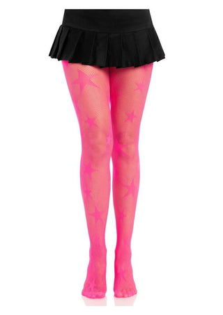 Leg Avenue Star Net Tights - Neon Pink - One Size