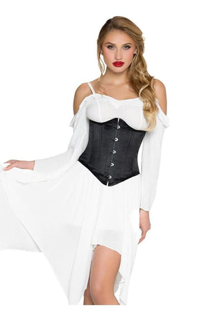 Leg Avenue Steel Boned Satin Waist Cincher with Full Busk Closer and Lace-Up Back - Black - Medium
