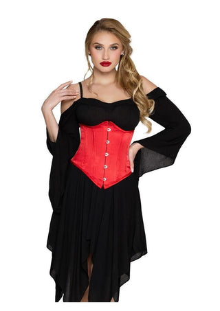 Leg Avenue Steel Boned Satin Waist Cincher with Full Busk Closer and Lace-Up Back - Red - Small